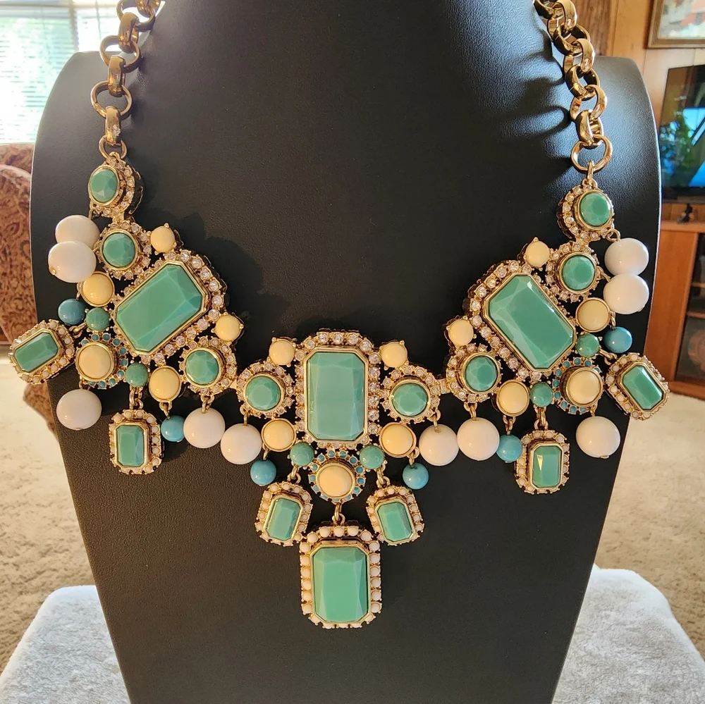 BANANA REPUBLIC Gold-Tone Statement Necklace with Aqua, White, and Ivory Accents - Picture 2 of 7